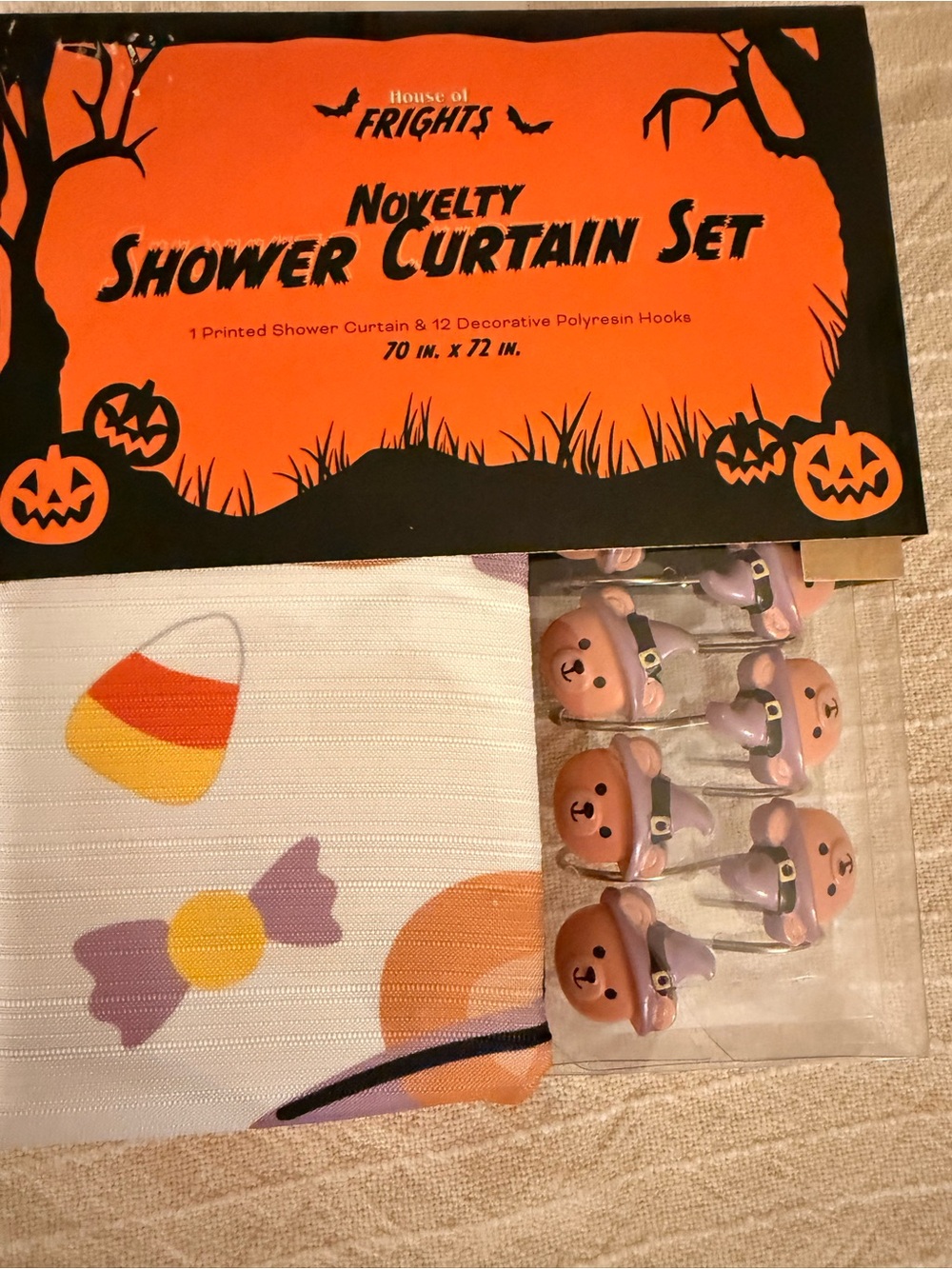 Orange Halloween Novelty Shower Curtain Set with Witch Bear Hooks